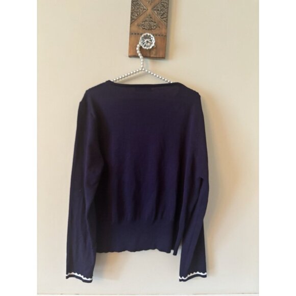 Belle Poque Womens Size XL Blue Cardigan Sweater White Trim Button Front - Picture 3 of 4